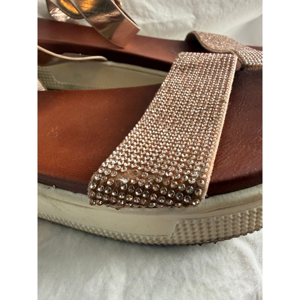 Rose Gold Rhinestone Platform Sandals Metallic Ankle Strap Flatform Shoes - Picture 5 of 7